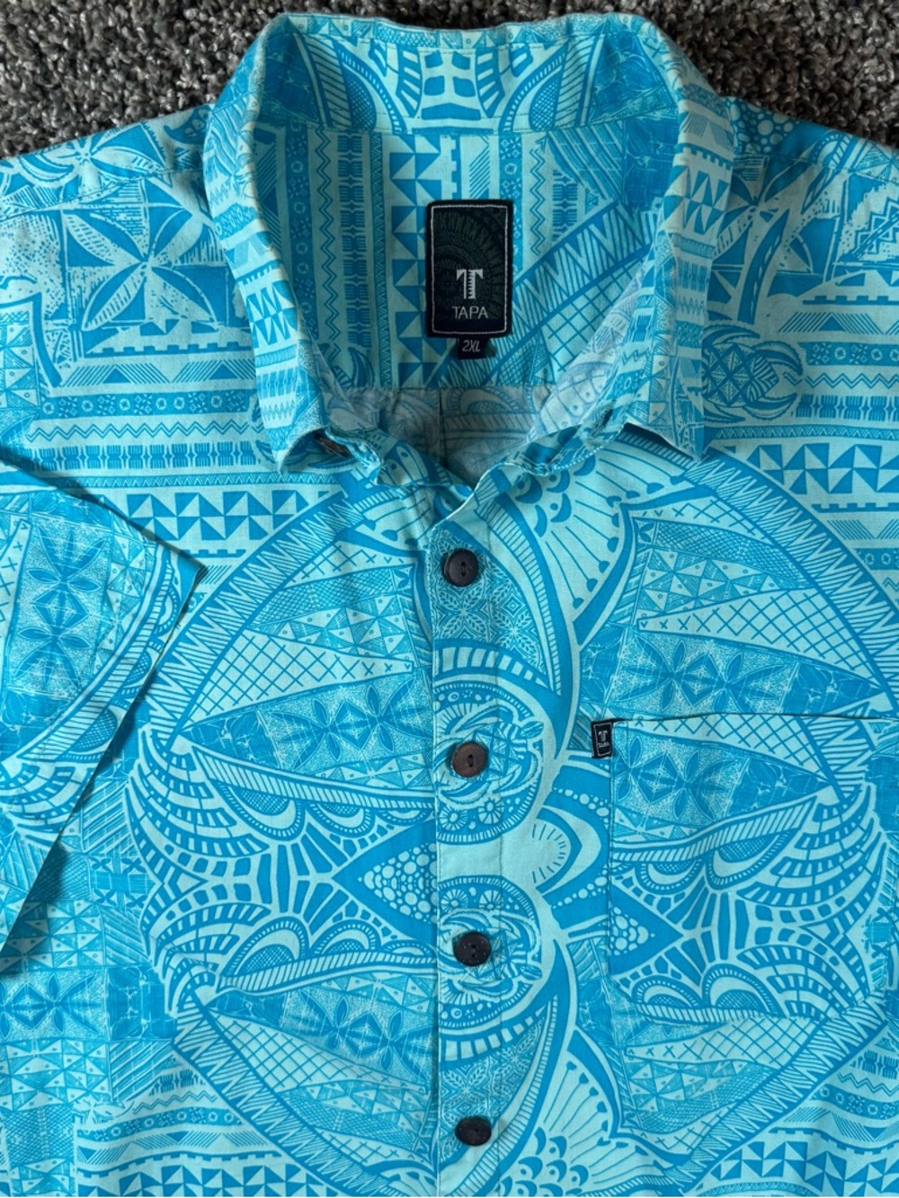 TAPA Men’s 2XL Hawaiian Tiki Tribal Print Turquoise Shirt Hula Tropical